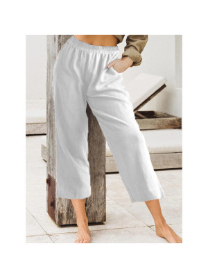 Women's Casual Cotton Linen Trousers Holiday Long Elastic Waist Pants