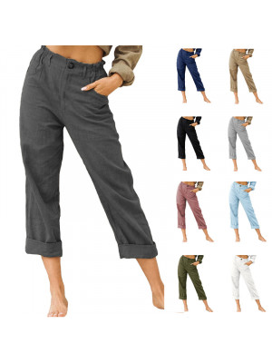Women's Casual Linen Style Baggy Trousers Holiday Long Elastic Waist Pants