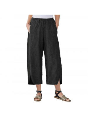 Women Cotton Linen Wide Leg Trousers Long Pants Ladies Elasticated Waist Bottoms