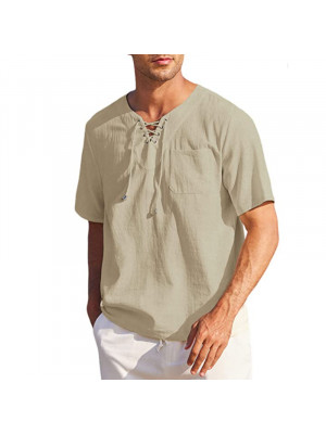 Mens Cotton Linen Short Sleeve T-shirt Casual Loose V Neck Lace Up Tops Tunic