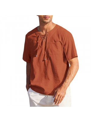 Mens Cotton Linen Short Sleeve T-shirt Casual Loose V Neck Lace Up Tops Tunic