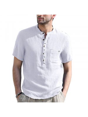 Men Casual Cotton Linen T-shirt Button Tops Henley Shirt Summer Blouse Loose Tee