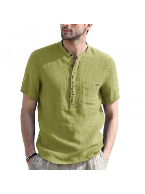 Men Casual Cotton Linen T-shirt Button Tops Henley Shirt Summer Blouse Loose Tee