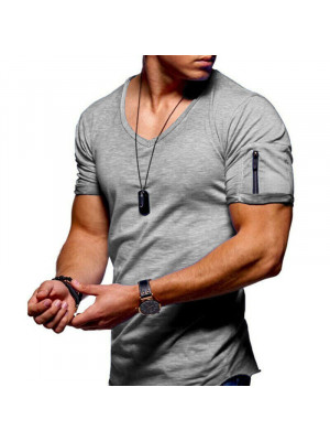 Mens Casual V Neck T Shirt Muscle Top Gym Crew Neck Short Sleeve Plain Tee S-5XL
