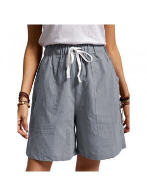 Womens Cotton Linen Drawstring Shorts Ladies Pocket Loose Elastic Waist Pants UK