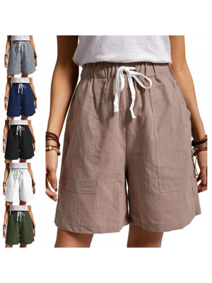 Womens Cotton Linen Drawstring Shorts Ladies Pocket Loose Elastic Waist Pants UK