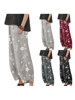 New Summer Womens Floral Baggy Casual Pants Ladies Elastic Waist Pocket Trousers