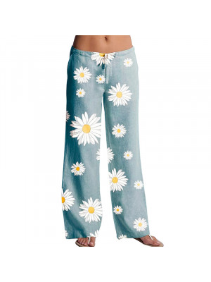 Womens Casual Loose Beach Bottoms Pants Ladies Summer Daisy Drawstring Trousers