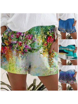 Womens Summer Floral Shorts Ladies Elastic Waist Pocket Casual Loose Short Pants