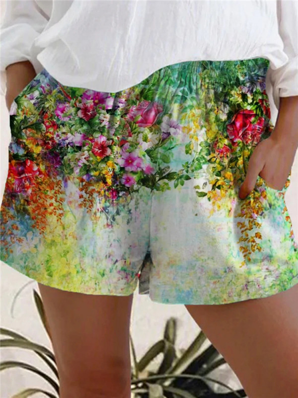 Womens Summer Floral Shorts Ladies Elastic Waist Pocket Casual Loose Short Pants