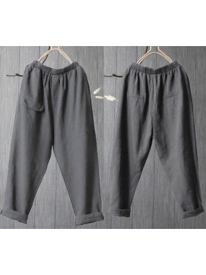 Women Summer Ladies Cotton Linen Baggy Casual Pants Elastic Waist Harem Trousers