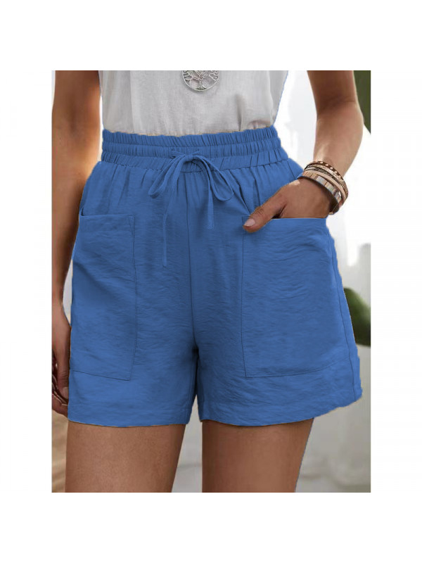 Summer Womens Cotton Linen Elastic Waist Pants Ladies Casual Baggy Pocket Shorts