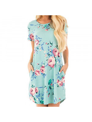 Women Floral Mini Dress Ladies Short Sleeve Summer Holiday Beach Pocket Sundress