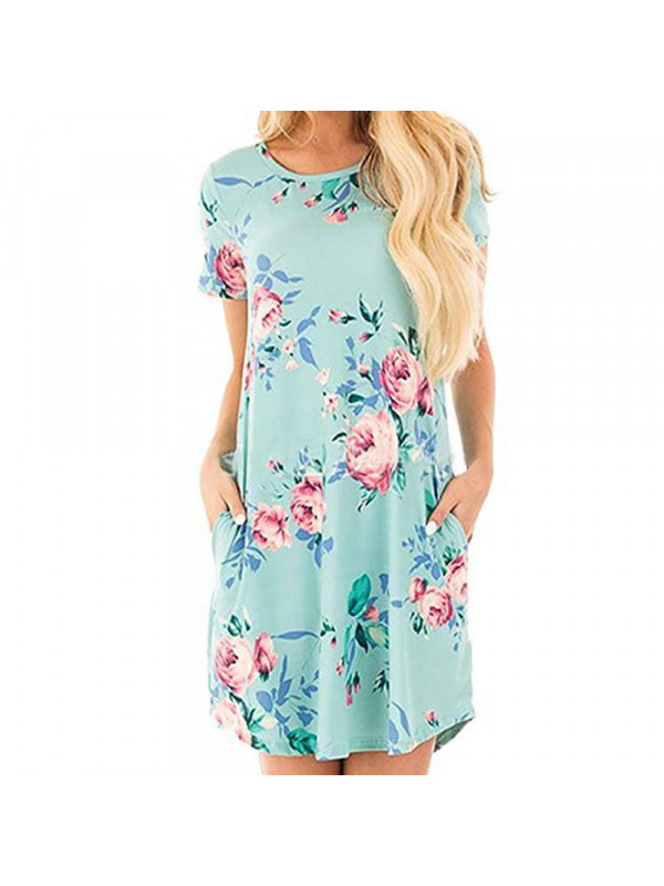 Women Floral Mini Dress Ladies Short Sleeve Summer Holiday Beach Pocket Sundress