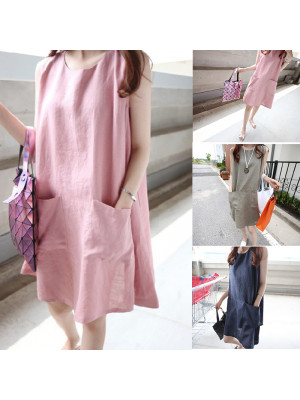 Womens Linen Summer Casual Loose Dress Ladies Sleeveless Pocket Vest Sundress UK