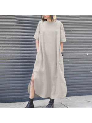 Summer Womens Short Sleeve Long Dress Cotton Linen Beach Pocket Loose Maxi Dress