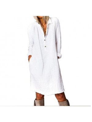 Womens Cotton Linen Shirt Dress Long Sleeve Ladies Button Pocket Midi Sundress