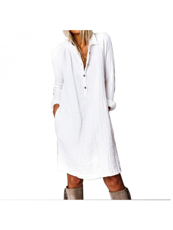Womens Cotton Linen Shirt Dress Long Sleeve Ladies Button Pocket Midi Sundress