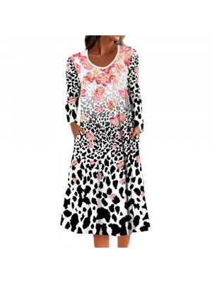 Womens Leopard Print Long Sleeve Pocket Dress Ladies Holiday Casual Loose Dress