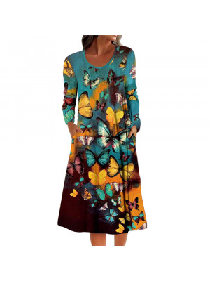 Womens Leopard Print Long Sleeve Pocket Dress Ladies Holiday Casual Loose Dress
