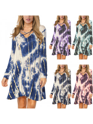 Autumn Womens V Neck Tie Dye Long Sleeve Dress Ladies Holiday Loose Casual Dress