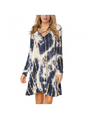 Autumn Womens V Neck Tie Dye Long Sleeve Dress Ladies Holiday Loose Casual Dress
