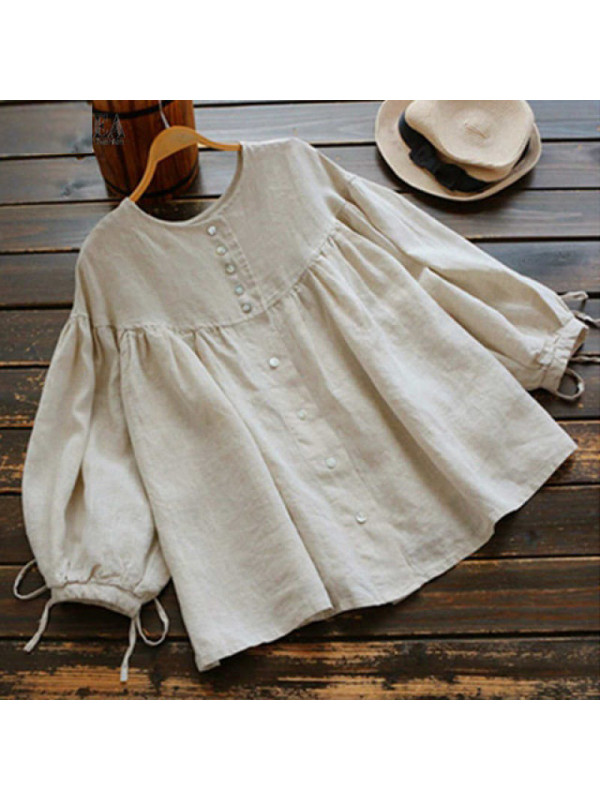 Womens Cotton Linen Long Sleeve Tops Ladies Button Casual Loose T Shirt Blouse