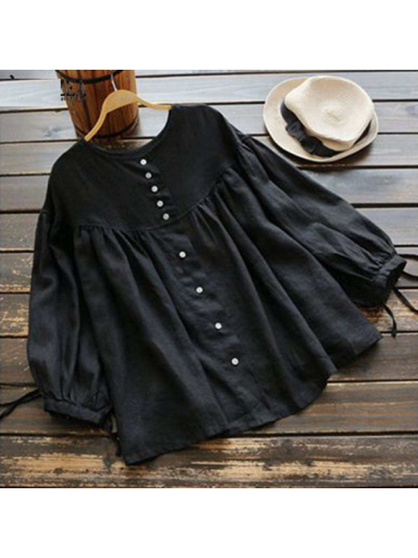 Womens Cotton Linen Long Sleeve Tops Ladies Button Casual Loose T Shirt Blouse