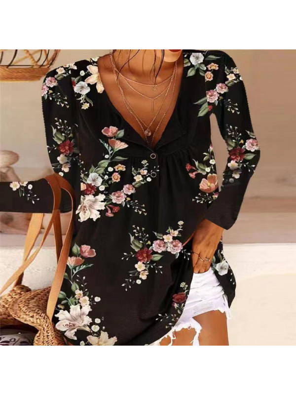 Summer Womens Floral V Neck Long Sleeve Tops Ladies Casual Blouse Button T Shirt