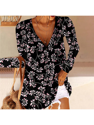 Summer Womens Floral V Neck Long Sleeve Tops Ladies Casual Blouse Button T Shirt