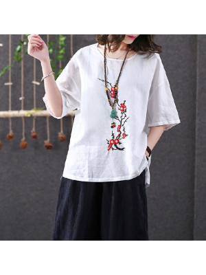 Womens Floral Round Neck Short Sleeve Summer Ladies Casual Loose Tops Blouse Tee