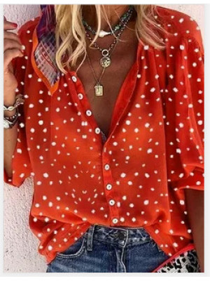 Womens Flower V Neck Long Sleeve T Shirt Blouse Ladies Casual Button Loose Tops