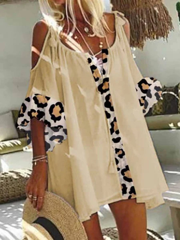 Women Leopard Bandage V Neck Off Shoulder Sleeve Ladies Casual Loose Tops Dress