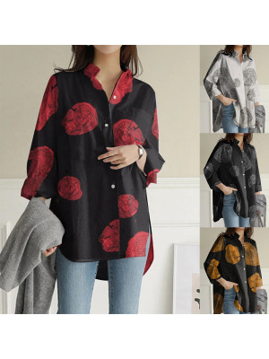 Womens Long Sleeve Print V Neck Casual Loose T Shirt Ladies Button Tops Blouse