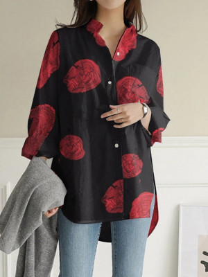 Womens Long Sleeve Print V Neck Casual Loose T Shirt Ladies Button Tops Blouse