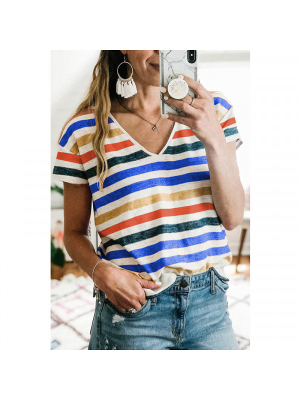 Womens V Neck Stripe Short Sleeve Tops Ladies Summer Loose T Shirt Casual Blouse