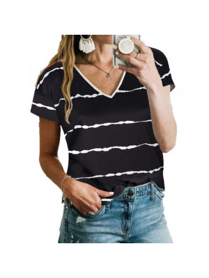 Womens V Neck Stripe Short Sleeve Tops Ladies Summer Loose T Shirt Casual Blouse