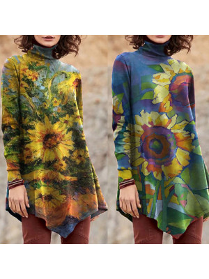 Women Autumn Warm Flower Turtleneck Long Sleeve Top Casual Loose T Shirt Pullove