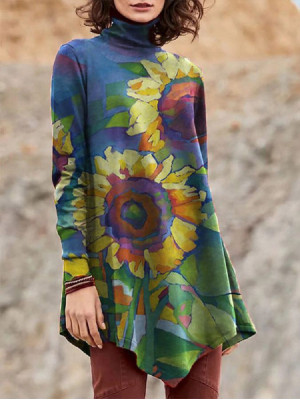 Women Autumn Warm Flower Turtleneck Long Sleeve Top Casual Loose T Shirt Pullove