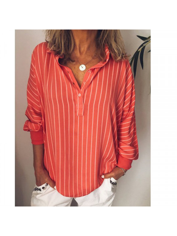 Women Casual V Neck Button Stripe Tops Shirt Ladies Long Sleeve Tee Loose Blouse