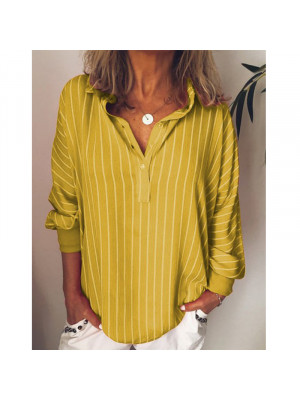 Women Casual V Neck Button Stripe Tops Shirt Ladies Long Sleeve Tee Loose Blouse