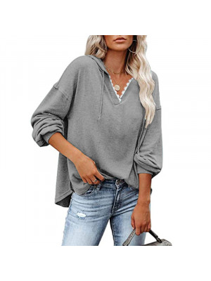 Autumn Womens V Neck Plain Hoodie Loose Ladies Long Sleeve Casual Tops Plus Size