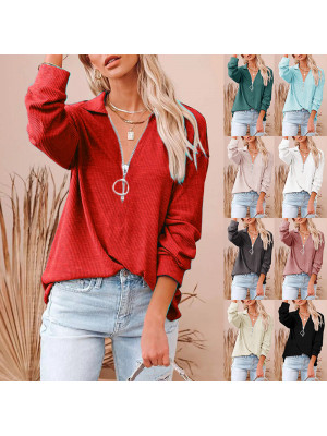 Plus Size Women V Neck Button Tops Pullover Ladies Long Sleeve Casual Blouse Tee