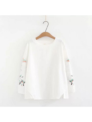 Womens Cotton Linen Floral Long Sleeve Tops Blouse Ladies Casual Loose T Shirt