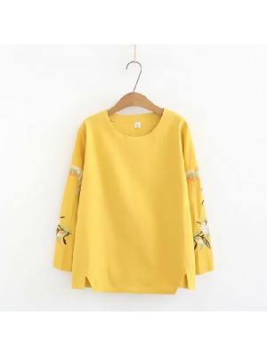 Womens Cotton Linen Floral Long Sleeve Tops Blouse Ladies Casual Loose T Shirt
