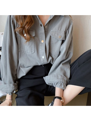 Women Long Sleeve Button Loose T Shirt Coat Ladies Baggy Tops Blouse Pocket Shirt