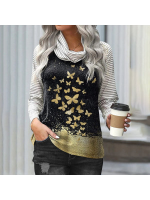 Womens Butterfly Long Sleeve T Shirt Turtleneck Tops Ladies Casual Stripe Blouse