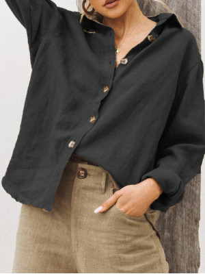 Womens Cotton Linen Plain Blouse Tops Ladies Baggy Long Sleeve Casual T-Shirt UK