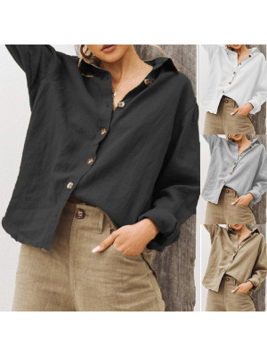 Womens Cotton Linen Plain Blouse Tops Ladies Baggy Long Sleeve Casual T-Shirt UK