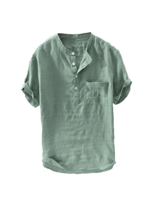 Men Casual Baggy Blouse T-Shirt Solid Pocket Button Tops V Neck Short Sleeve Tee